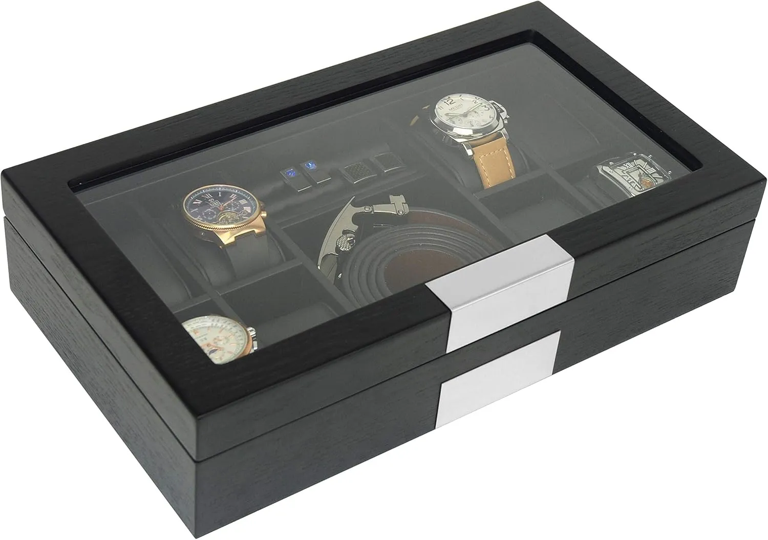 Ebony Wood Watch Box Display Cufflink Case Storage Jewelry Organizer with Glass Top, Stainless Steel Accents, bull and Oversized Black Pillows 8 