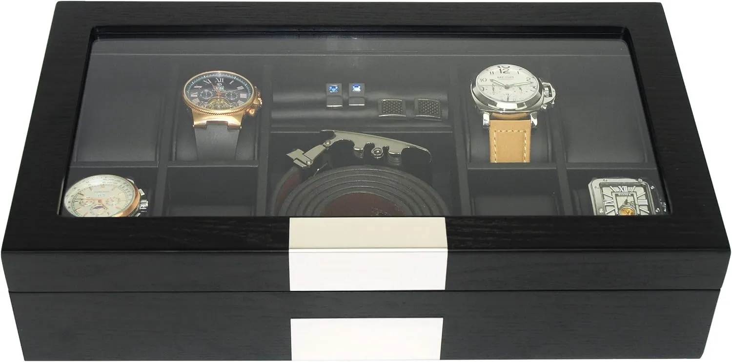 Ebony Wood Watch Box Display Cufflink Case Storage Jewelry Organizer with Glass Top, Stainless Steel Accents, bull and Oversized Black Pillows 8 