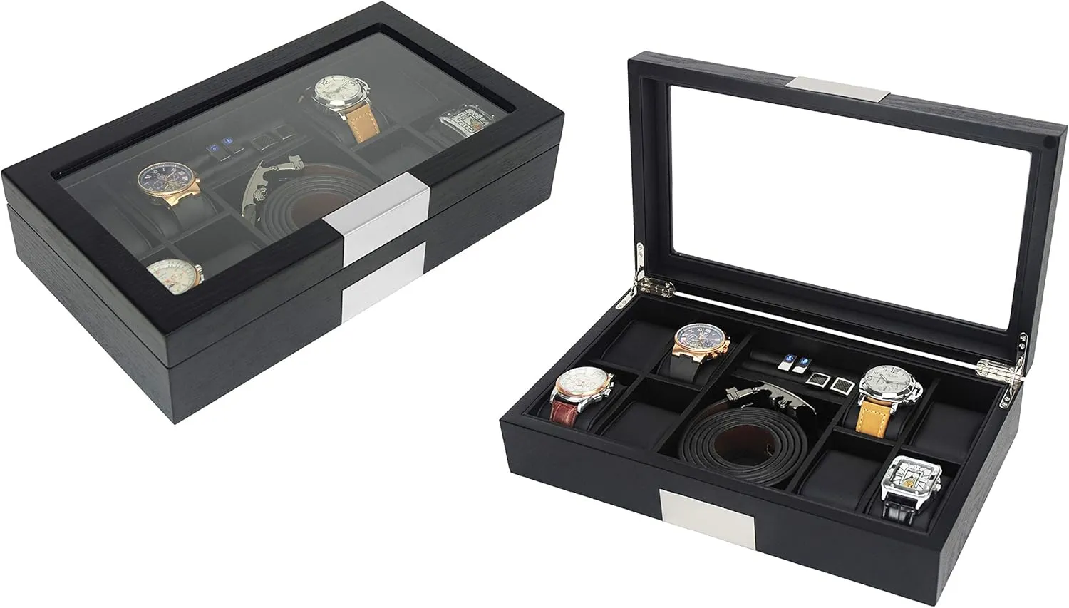 Ebony Wood Watch Box Display Cufflink Case Storage Jewelry Organizer with Glass Top, Stainless Steel Accents, bull and Oversized Black Pillows 8 