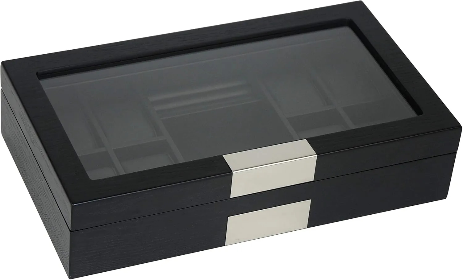 Ebony Wood Watch Box Display Cufflink Case Storage Jewelry Organizer with Glass Top, Stainless Steel Accents, bull and Oversized Black Pillows 8 