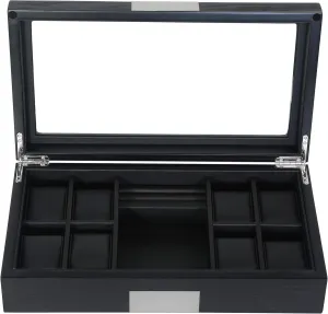 Ebony Wood Watch Box Display Cufflink Case Storage Jewelry Organizer with Glass Top, Stainless Steel Accents, bull and Oversized Black Pillows 8 