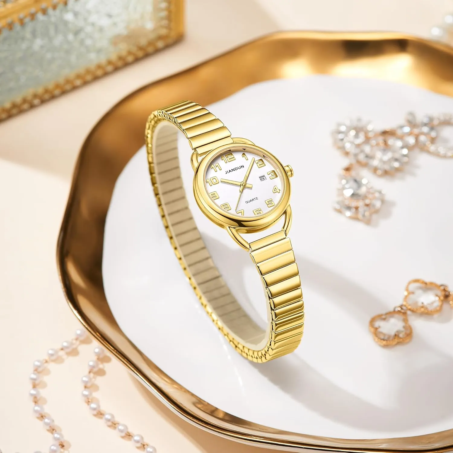 Elegant with Watch,Stainless Steel Expansion Band, Water Resistant JIANDUN Waterproof Petite Gold infusion impenetrable decode hinder guest Watch,Classic Women's 