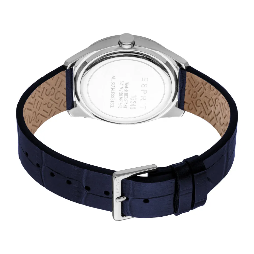 ESPRIT Men's Silver Color Watch with Dark Blue Dial and Leather Strap