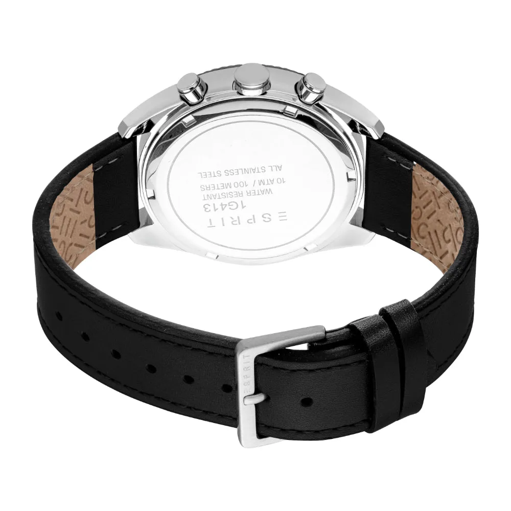 ESPRIT Men's Two Tone Silver & Black Color Watch with Chronograph Function and Leather Strap
