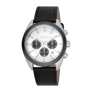 ESPRIT Men's Two Tone Silver & Black Color Watch with Chronograph Function and Leather Strap