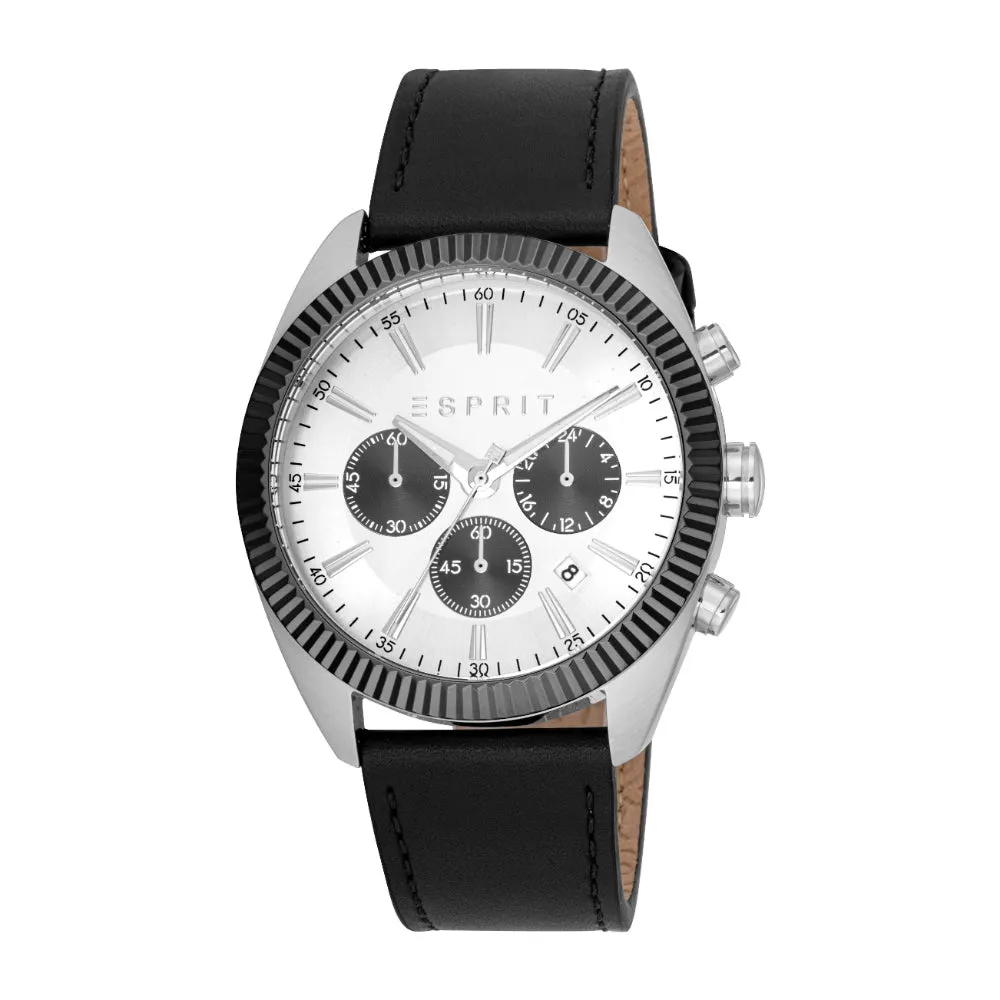 ESPRIT Men's Two Tone Silver & Black Color Watch with Chronograph Function and Leather Strap