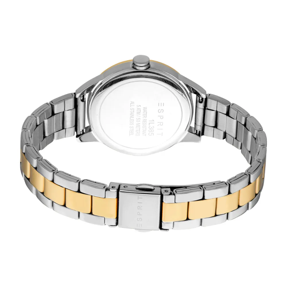 ESPRIT Women's Two Tone Silver & Gold Color Watch, White MOP & Silver Glitter Dial, 3 Hands, 5 ATM