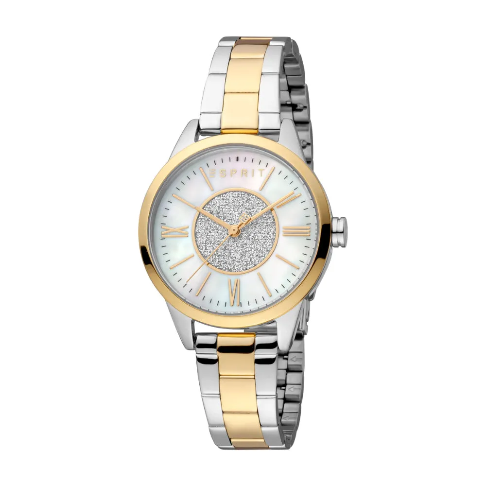ESPRIT Women's Two Tone Silver & Gold Color Watch, White MOP & Silver Glitter Dial, 3 Hands, 5 ATM