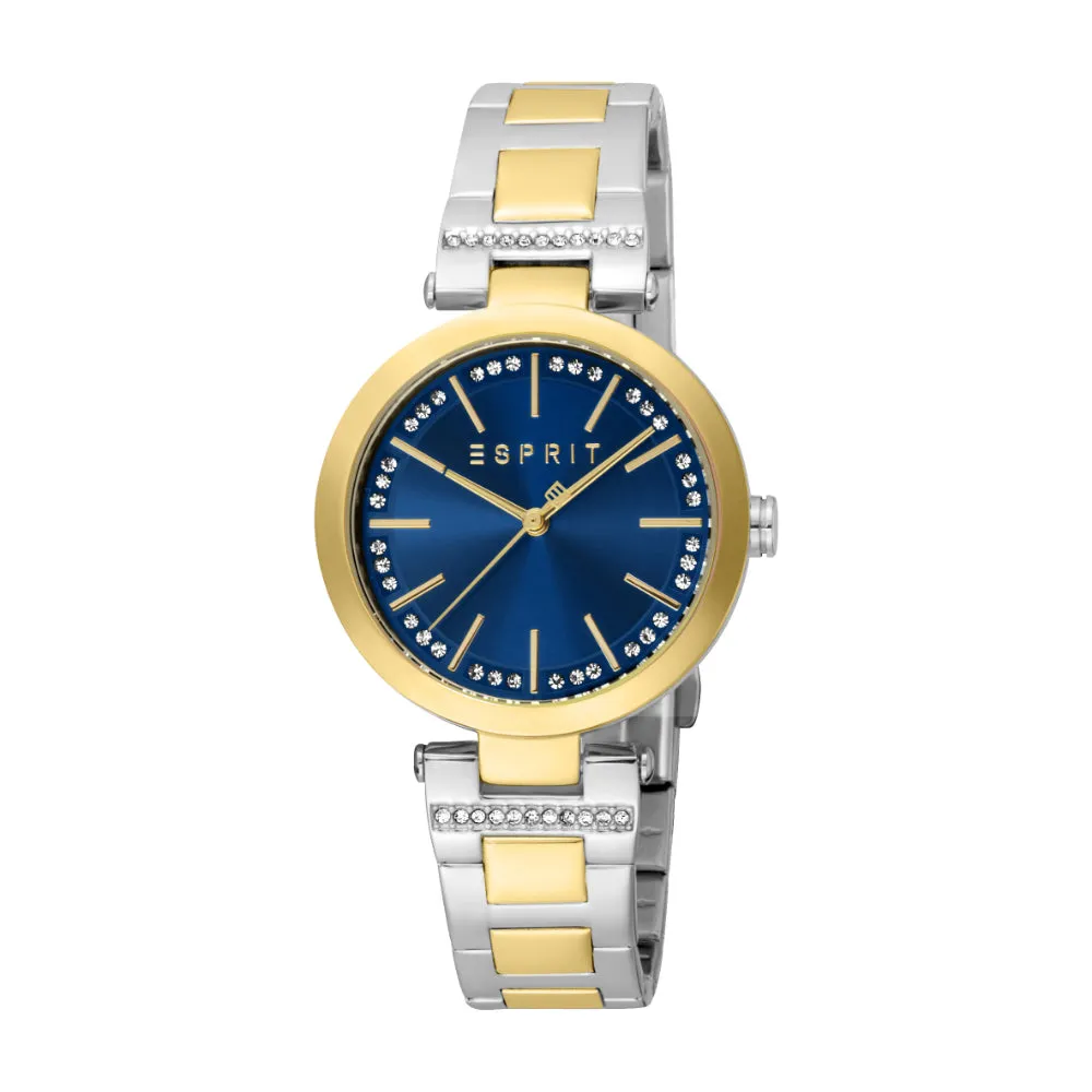 ESPRIT Women's Two Tone Silver and Gold Watch with Dark Blue Dial