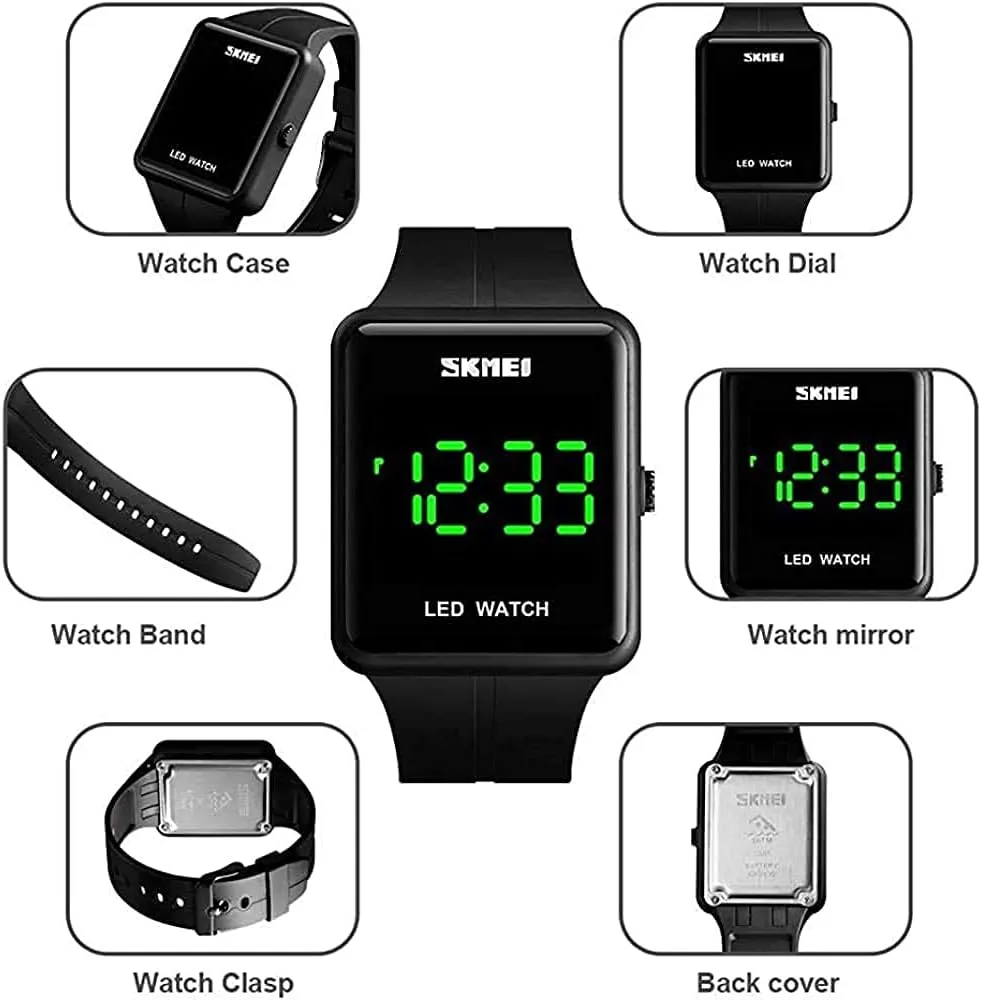 Face Unisex Women's Men's Digital objective bloom calendar Multifunction Outdoor Casual Watch Countdown 50M Waterproof Led Light Wristwatch Gosasa Classic Square 