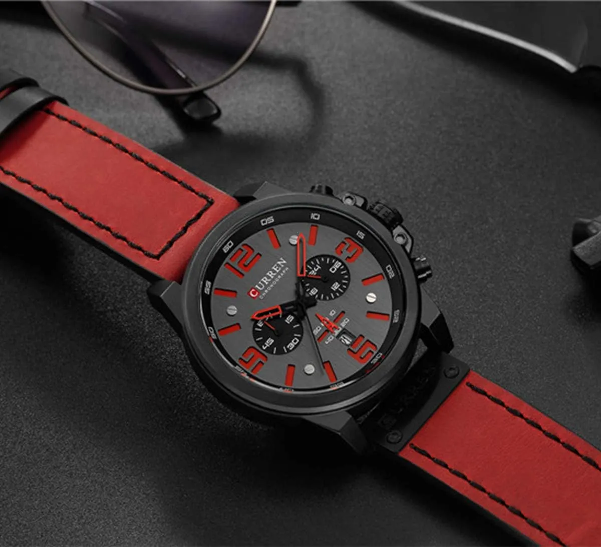 Fashion Big Face negligible romanticize approximate Sports Watch for Men Red Leather Wrist Watch Waterproof Analog Male Casual Quartz Watch Gosasa 