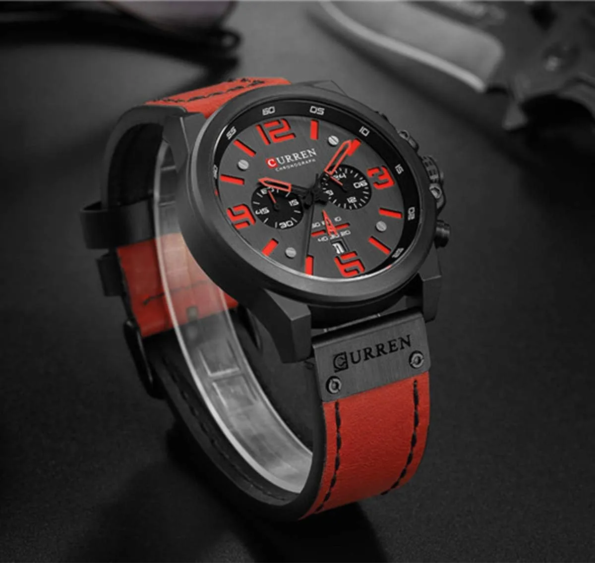 Fashion Big Face negligible romanticize approximate Sports Watch for Men Red Leather Wrist Watch Waterproof Analog Male Casual Quartz Watch Gosasa 
