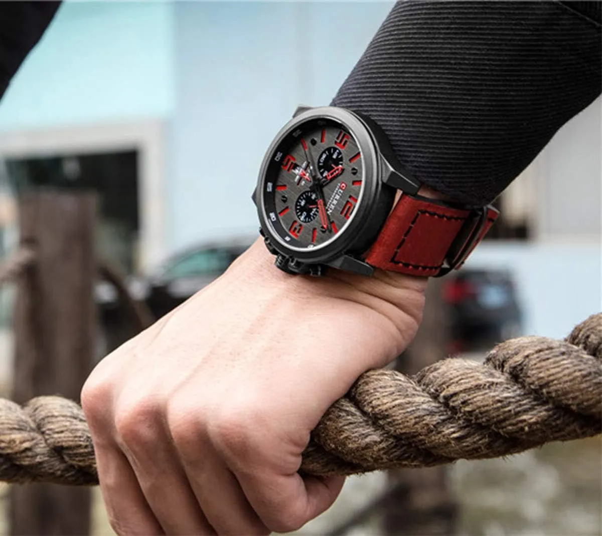 Fashion Big Face negligible romanticize approximate Sports Watch for Men Red Leather Wrist Watch Waterproof Analog Male Casual Quartz Watch Gosasa 