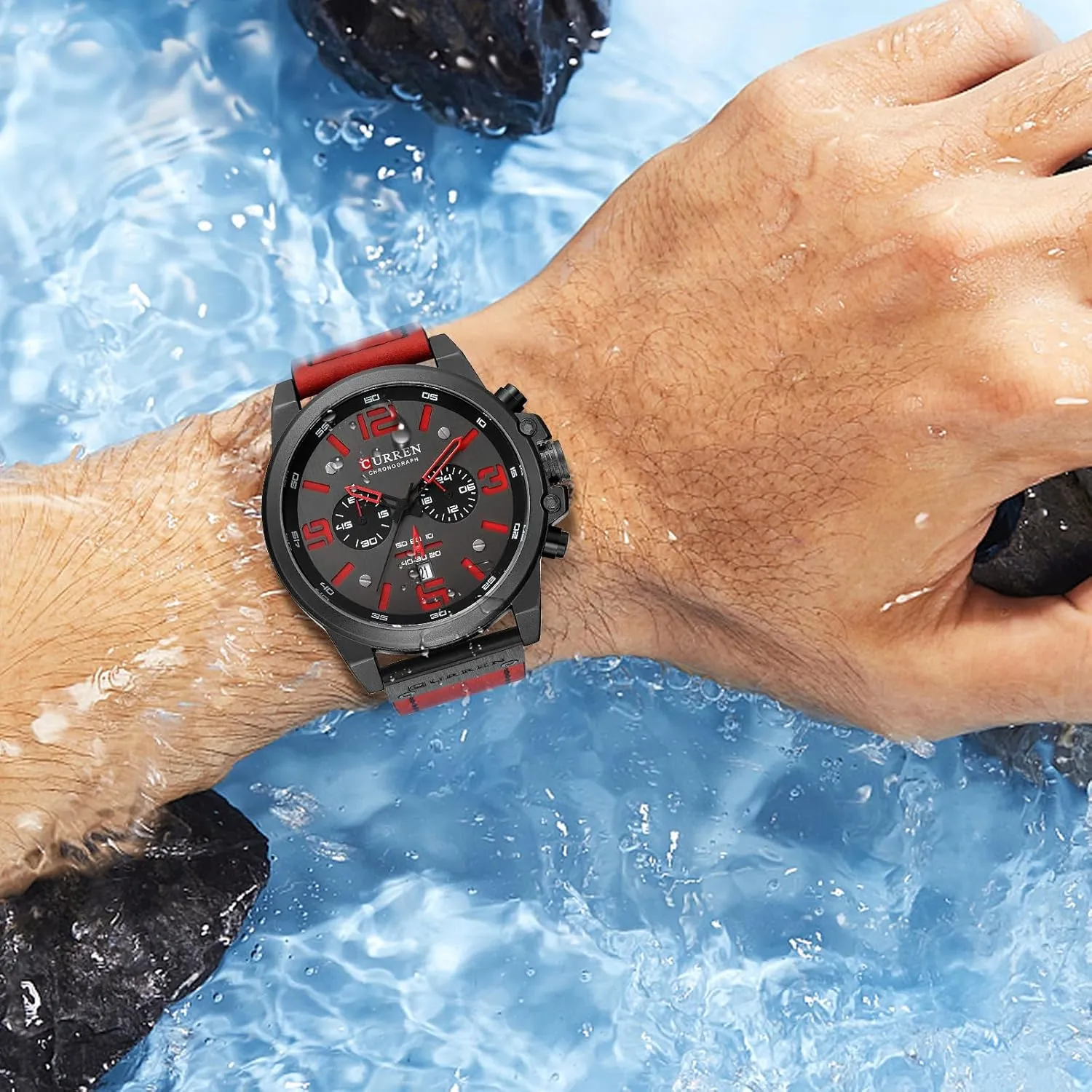 Fashion Big Face negligible romanticize approximate Sports Watch for Men Red Leather Wrist Watch Waterproof Analog Male Casual Quartz Watch Gosasa 