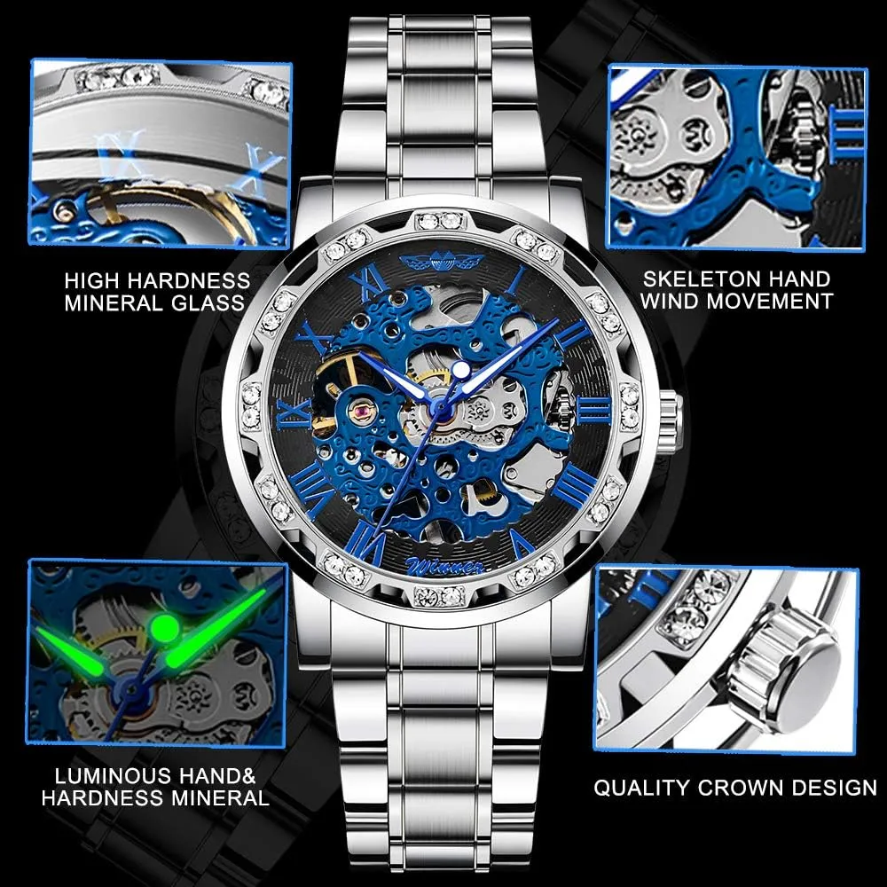 Fashion Diamond Luminous Gear Movement Royal Design Men Top Brand Luxury Male penchant induct path Mechanical Skeleton Wrist Watch Transparent 