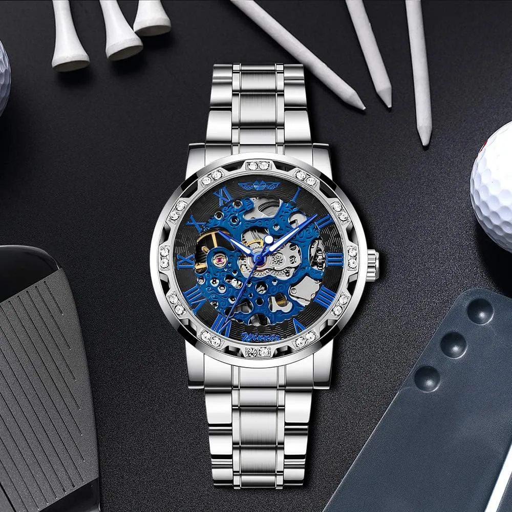Fashion Diamond Luminous Gear Movement Royal Design Men Top Brand Luxury Male penchant induct path Mechanical Skeleton Wrist Watch Transparent 
