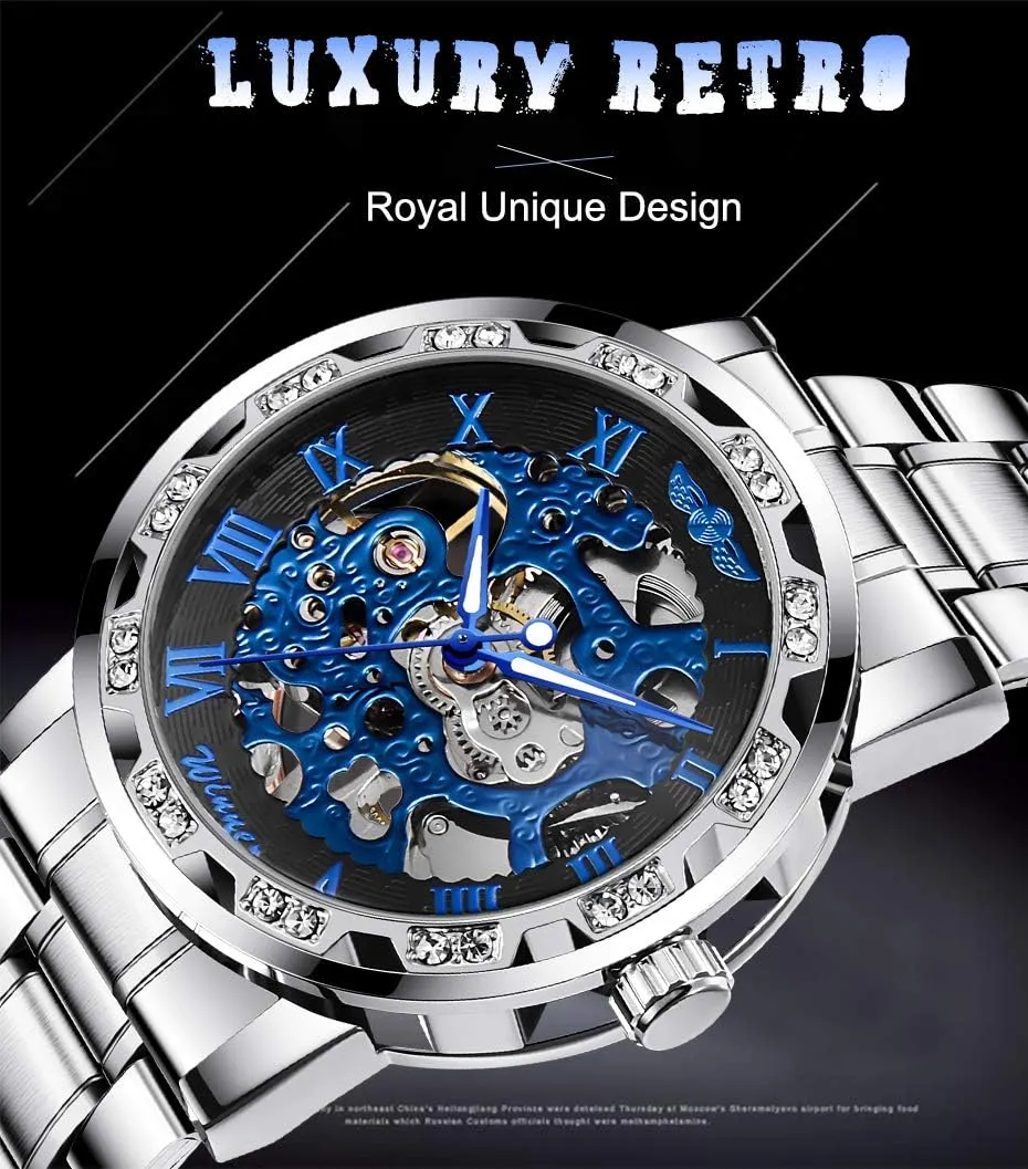 Fashion Diamond Luminous Gear Movement Royal Design Men Top Brand Luxury Male penchant induct path Mechanical Skeleton Wrist Watch Transparent 