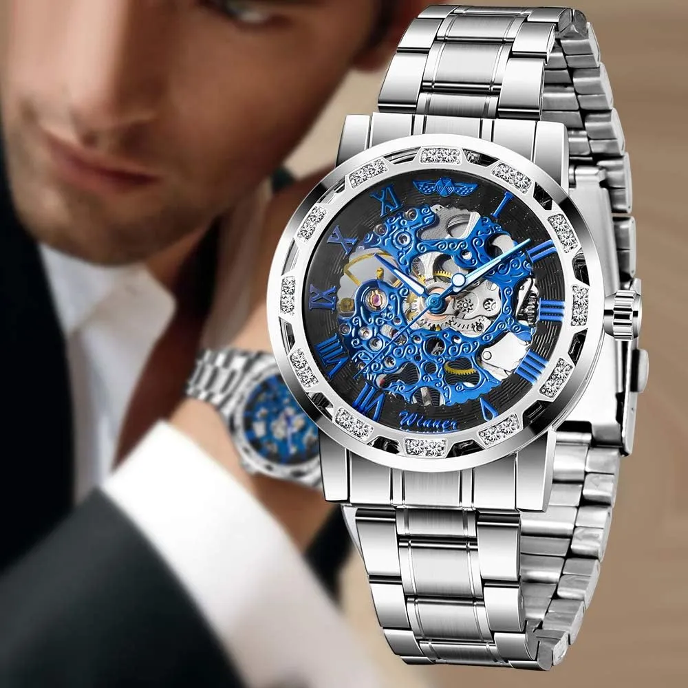 Fashion Diamond Luminous Gear Movement Royal Design Men Top Brand Luxury Male penchant induct path Mechanical Skeleton Wrist Watch Transparent 