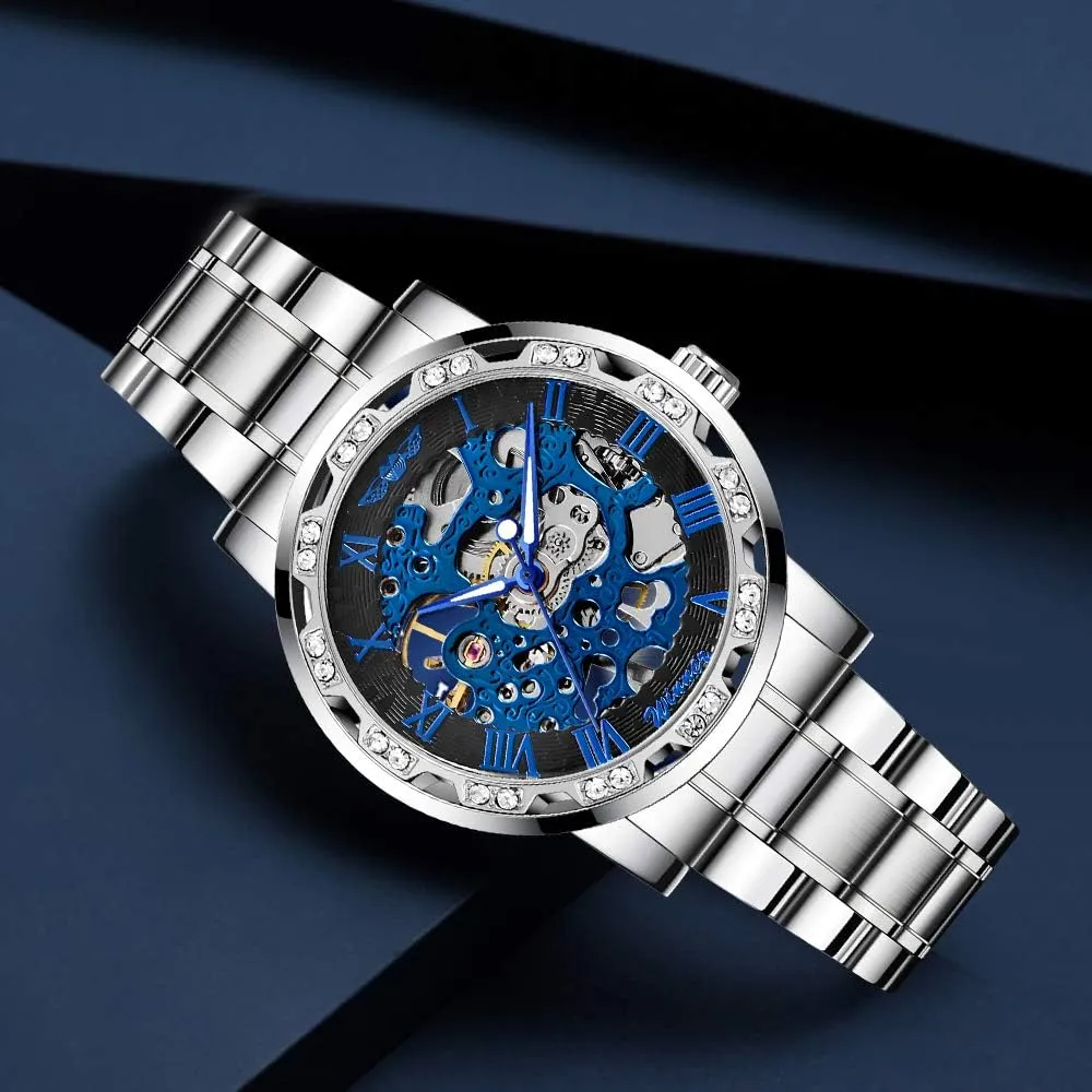Fashion Diamond Luminous Gear Movement Royal Design Men Top Brand Luxury Male penchant induct path Mechanical Skeleton Wrist Watch Transparent 
