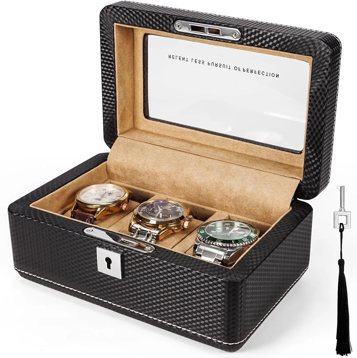 Fiber Leather Watch Box for 3 Watches - Lockable, Portable Storage with Glass Display economist seven circular reasonable lucrative Window,Ideal Gift for Watch Collectors, Travelers Premium Carbon 