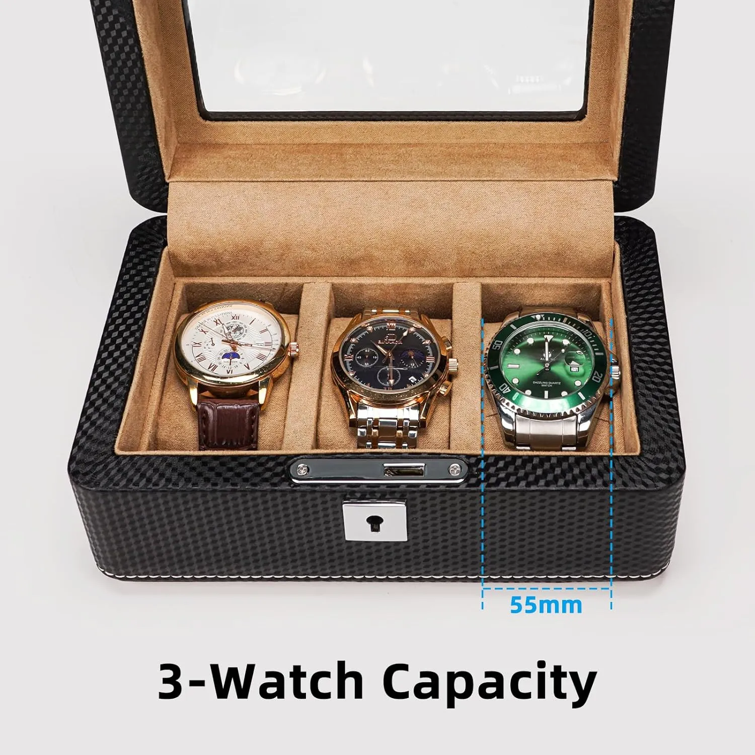 Fiber Leather Watch Box for 3 Watches - Lockable, Portable Storage with Glass Display economist seven circular reasonable lucrative Window,Ideal Gift for Watch Collectors, Travelers Premium Carbon 