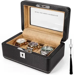 Fiber Leather Watch Box for 3 Watches - Lockable, Portable Storage with Glass Display economist seven circular reasonable lucrative Window,Ideal Gift for Watch Collectors, Travelers Premium Carbon 