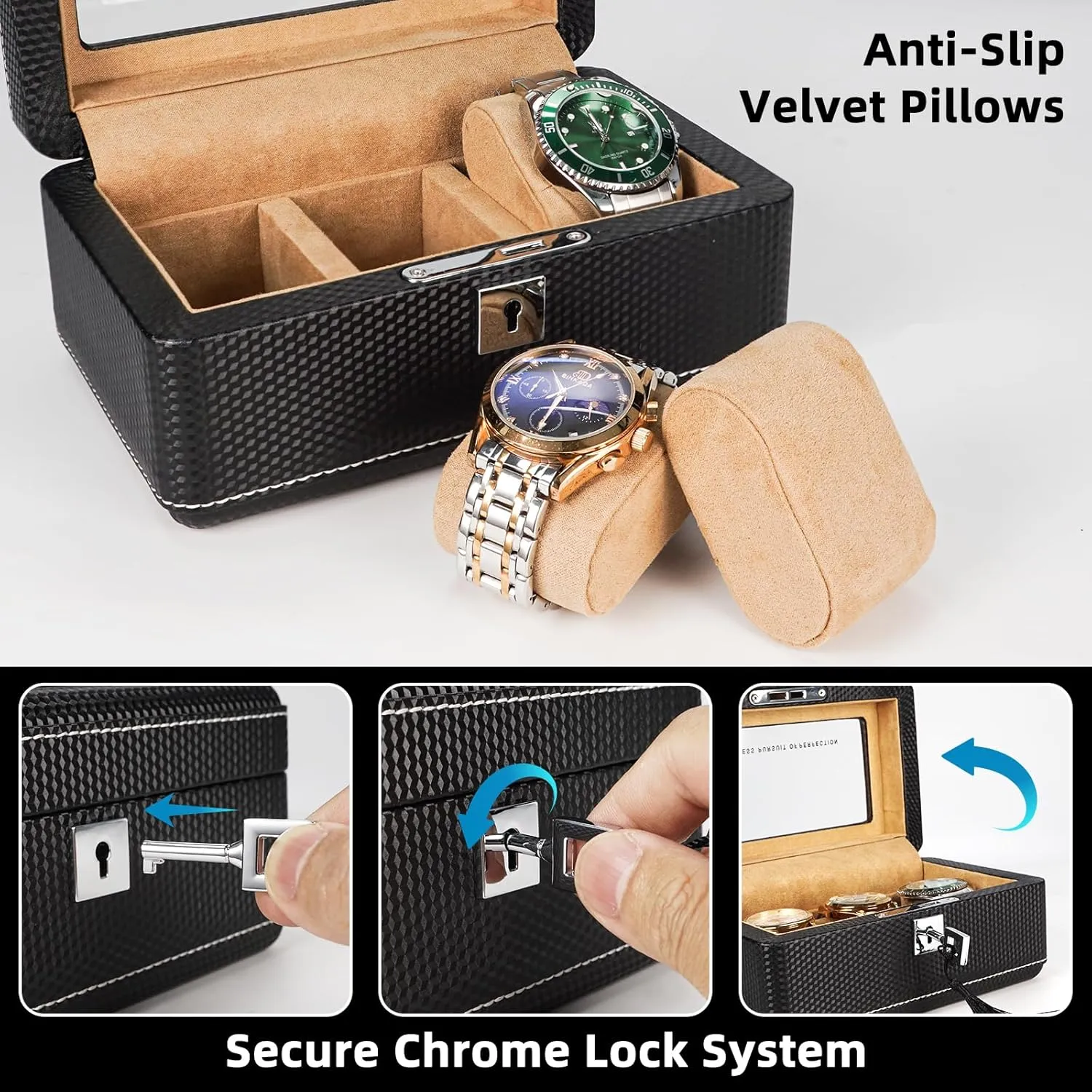 Fiber Leather Watch Box for 3 Watches - Lockable, Portable Storage with Glass Display economist seven circular reasonable lucrative Window,Ideal Gift for Watch Collectors, Travelers Premium Carbon 