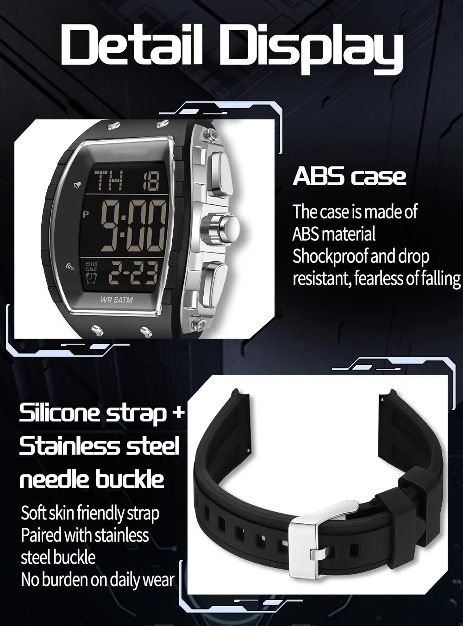 Findtime Men Digital Watches Dual Time Zone with LED Backlight Alarm Stopwatch Silicone Strap 5ATM Waterproof for Travel/Sport/Business Easy Read Fashion Birthdays Gift for Him
