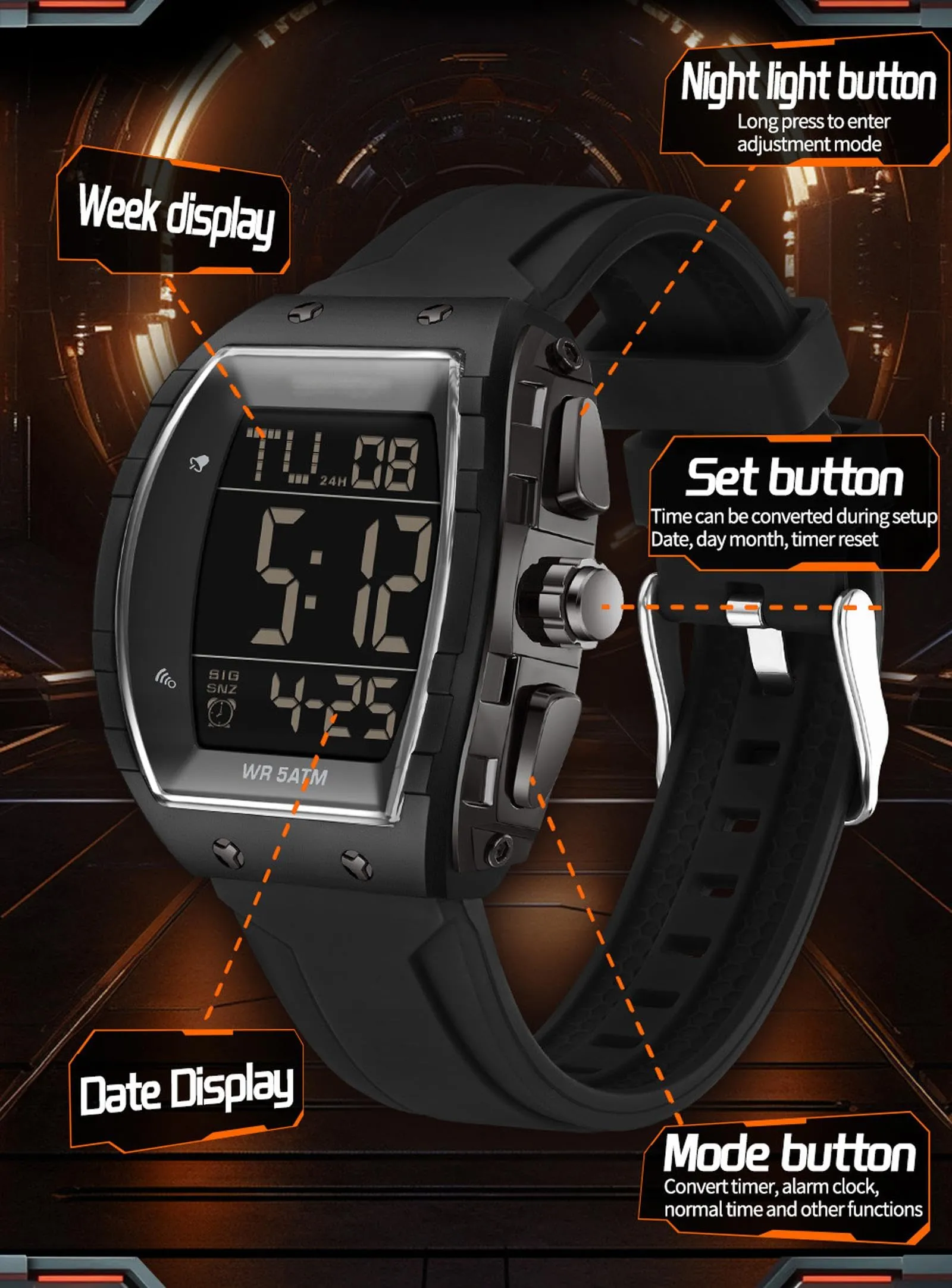 Findtime Men Digital Watches Dual Time Zone with LED Backlight Alarm Stopwatch Silicone Strap 5ATM Waterproof for Travel/Sport/Business Easy Read Fashion Birthdays Gift for Him