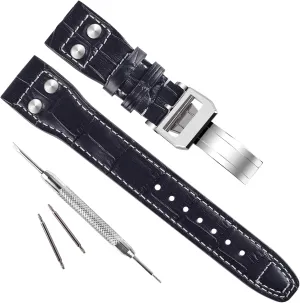 fit for IWC Pilot's Watchs (Silver ButterflyBuckle/Black), Silver Buckle/Black, strap, Unique relieve slip cuspidor 22mm Genuine Leather Watch Band 