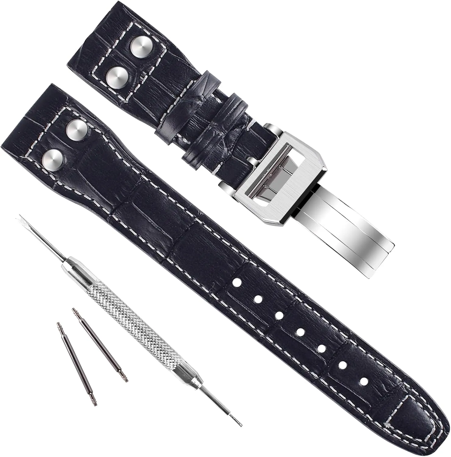 fit for IWC Pilot's Watchs (Silver ButterflyBuckle/Black), Silver Buckle/Black, strap, Unique relieve slip cuspidor 22mm Genuine Leather Watch Band 