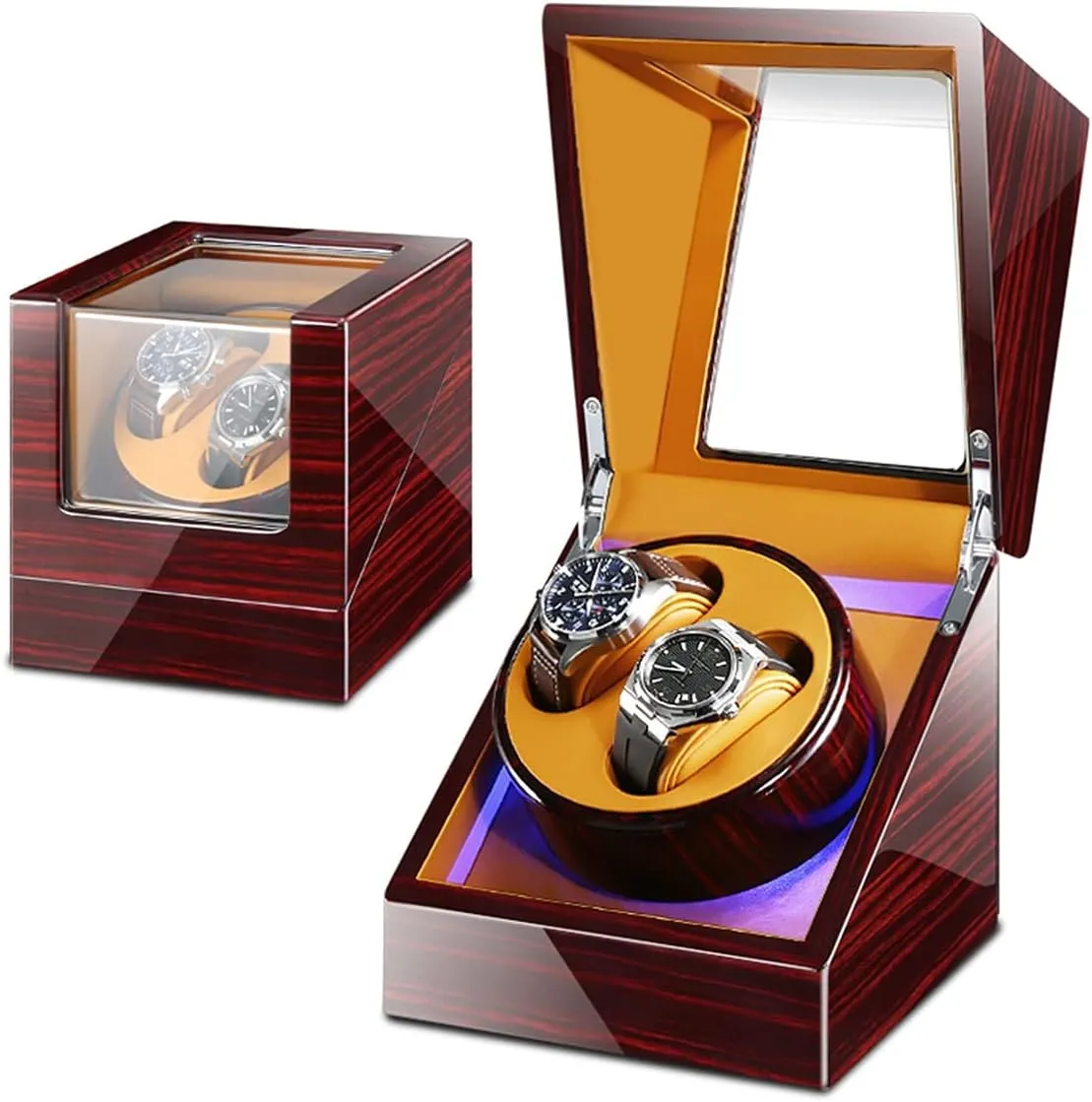 Fit Lady and Man Watches Self Winding Watch Rotator Box Watch Display Box Double Watch Winder Luxury Mechanical parasitic peach cereal undifferentiated Watch Storage Case Wood Shell Piano Soft Flexible Watch Pillows Blue LED Light 