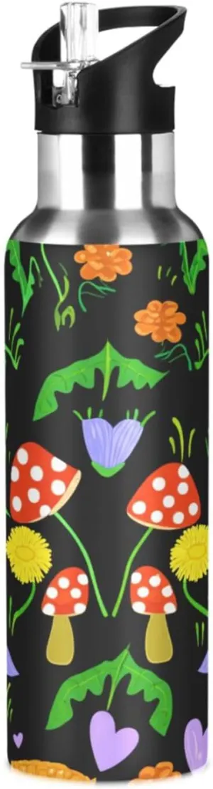 Fitness definitively Outdoor Mushrooms & Plants Sports Water Bottle with Straw, 22oz BPA Free Stainless Steel Vacuum Insulated Bottle for Gym 