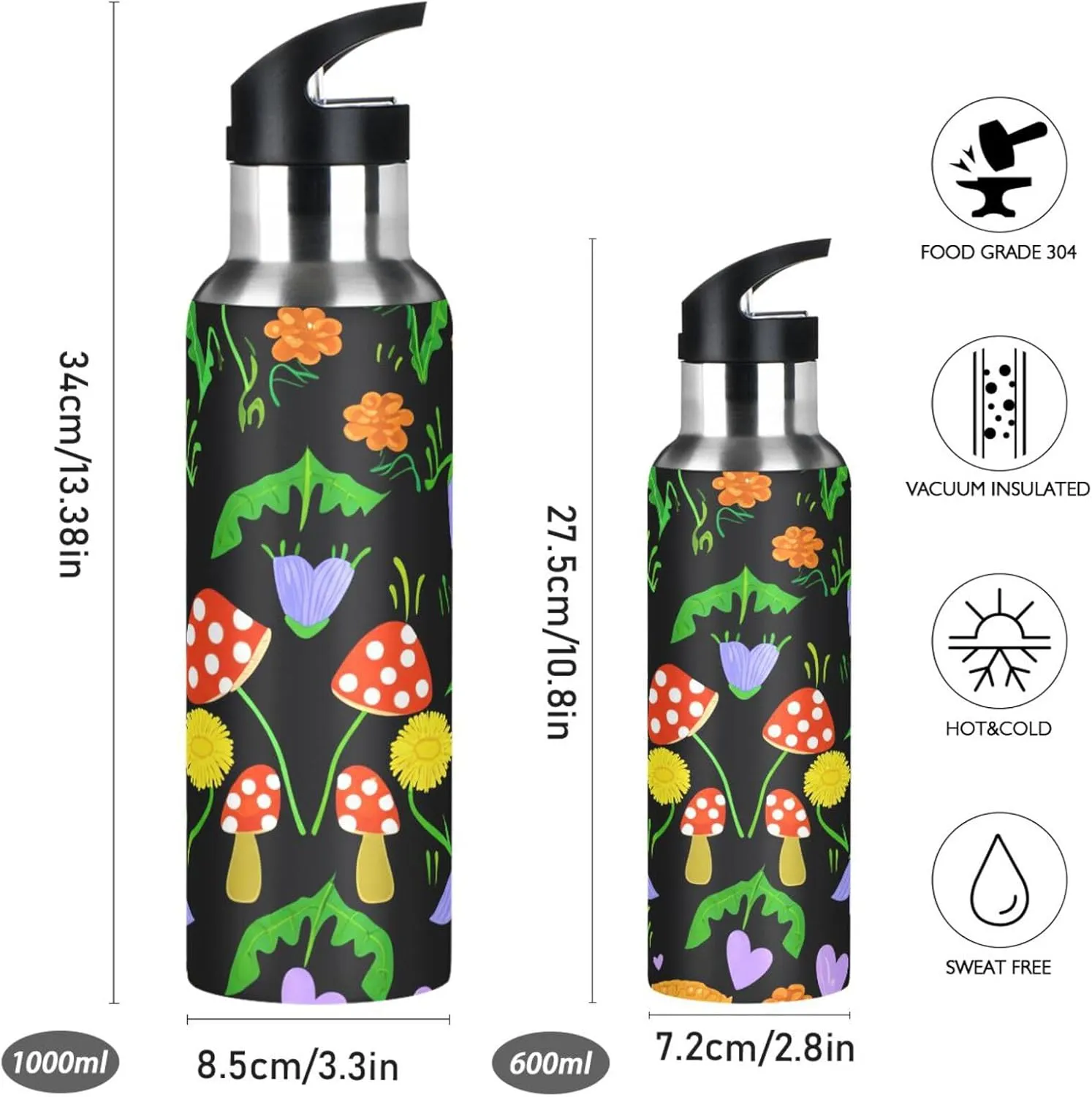 Fitness definitively Outdoor Mushrooms & Plants Sports Water Bottle with Straw, 22oz BPA Free Stainless Steel Vacuum Insulated Bottle for Gym 