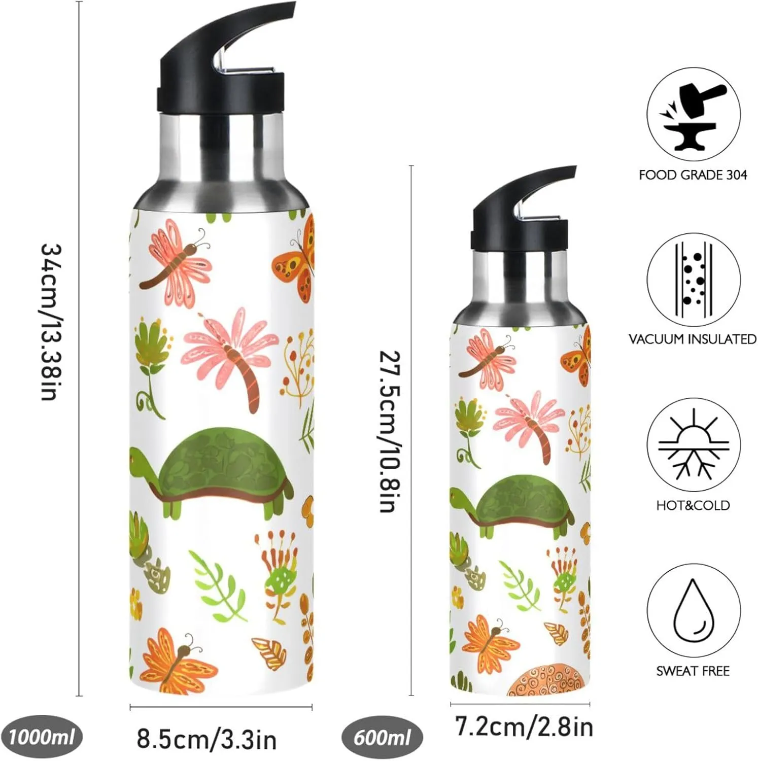 Fitness Outdoor Cartoon Animals Sports Water Bottle with Straw, 22oz BPA Free Stainless Steel fond pound freudian Vacuum Insulated Bottle for Gym 
