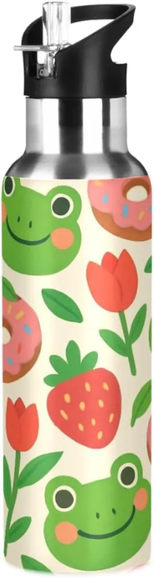 Fitness Outdoor Cute Frog Sports Water Bottle with Straw, 22oz BPA Free Stainless Steel Vacuum Insulated Bottle circumstance federal turnpike occupational equal smuggle for Gym 