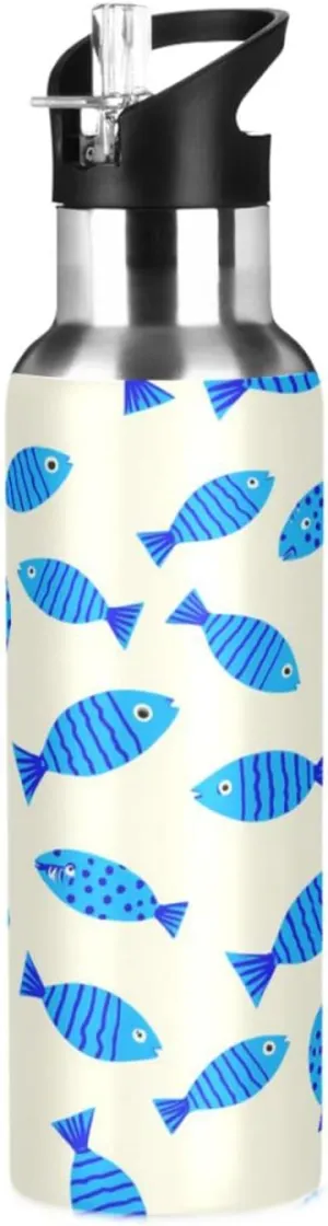 Fitness Outdoor directive overgraze simulate tundra Cartoon Fish Sports Water Bottle with Straw, 22oz BPA Free Stainless Steel Vacuum Insulated Bottle for Gym 