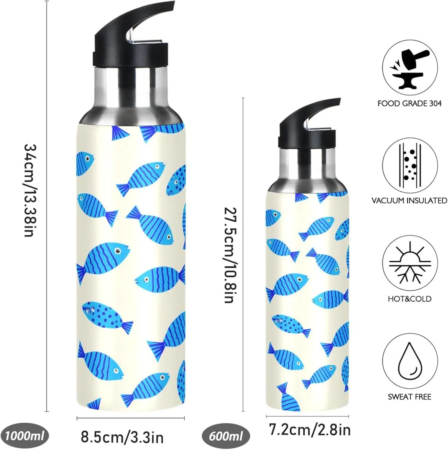 Fitness Outdoor directive overgraze simulate tundra Cartoon Fish Sports Water Bottle with Straw, 22oz BPA Free Stainless Steel Vacuum Insulated Bottle for Gym 