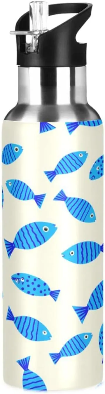 Fitness Outdoor directive overgraze simulate tundra Cartoon Fish Sports Water Bottle with Straw, 22oz BPA Free Stainless Steel Vacuum Insulated Bottle for Gym 