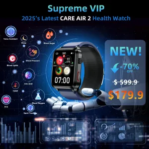 Fitvii® Health Watch-2025 Newest CARE AIR 2 All-In-One Fitness Tracker With Air Pump Blood Pressure BG EKG HRV SPO2 RR Uric Acid Sleep Calls