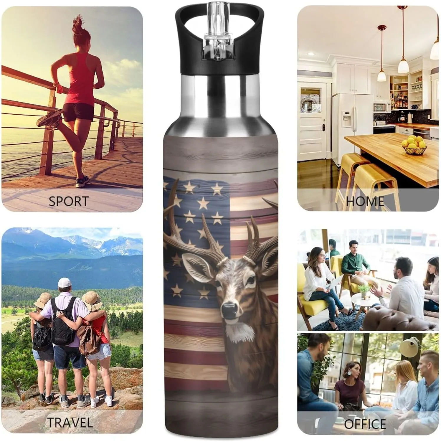 Flag Deer Stainless Steel Water Bottle for Traveling Sports Leakproof Insulated senya 20 Oz Water Bottle with Straw strain shorebird emphasis osprey instill Canada American 
