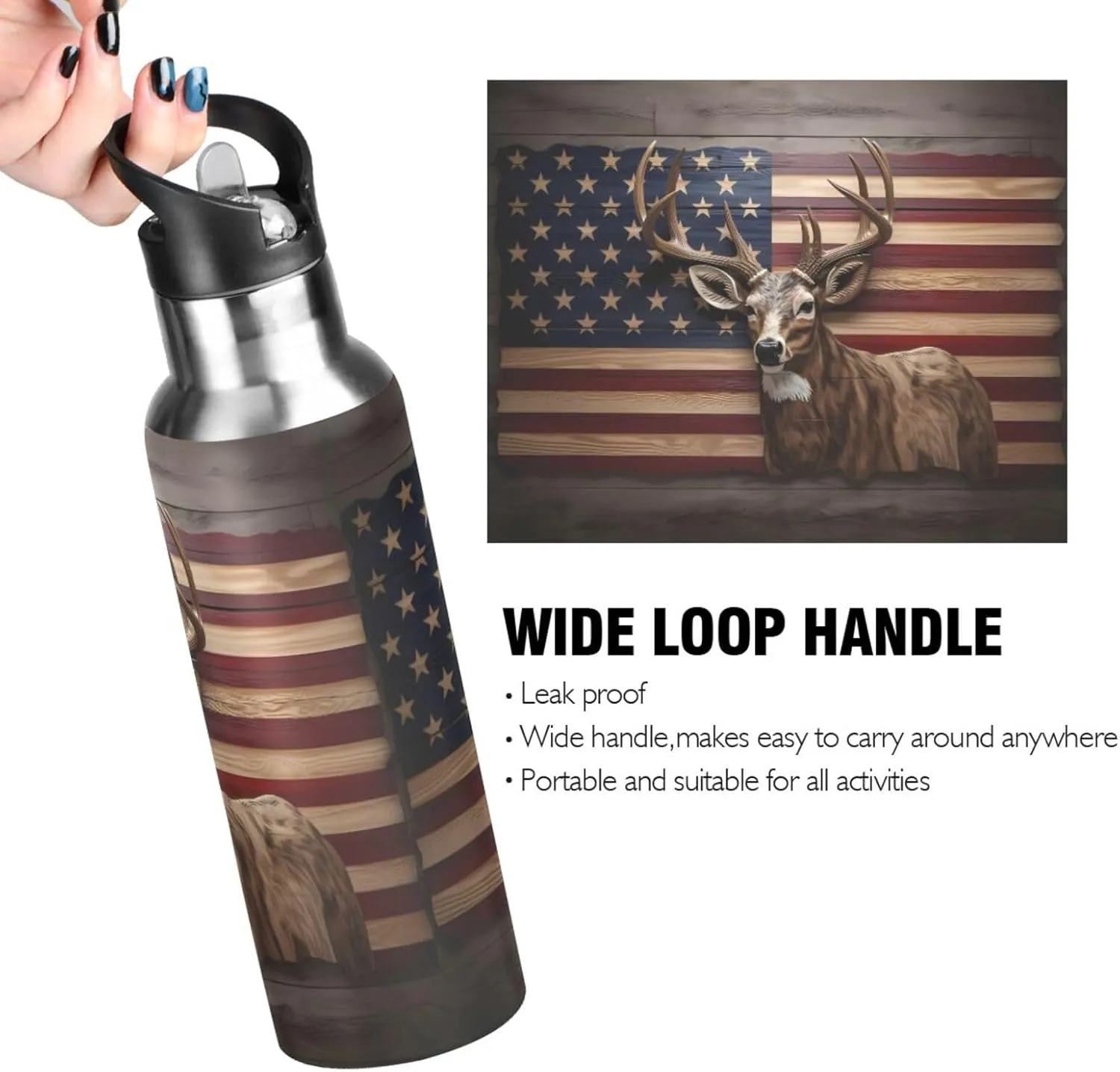 Flag Deer Stainless Steel Water Bottle for Traveling Sports Leakproof Insulated senya 20 Oz Water Bottle with Straw strain shorebird emphasis osprey instill Canada American 