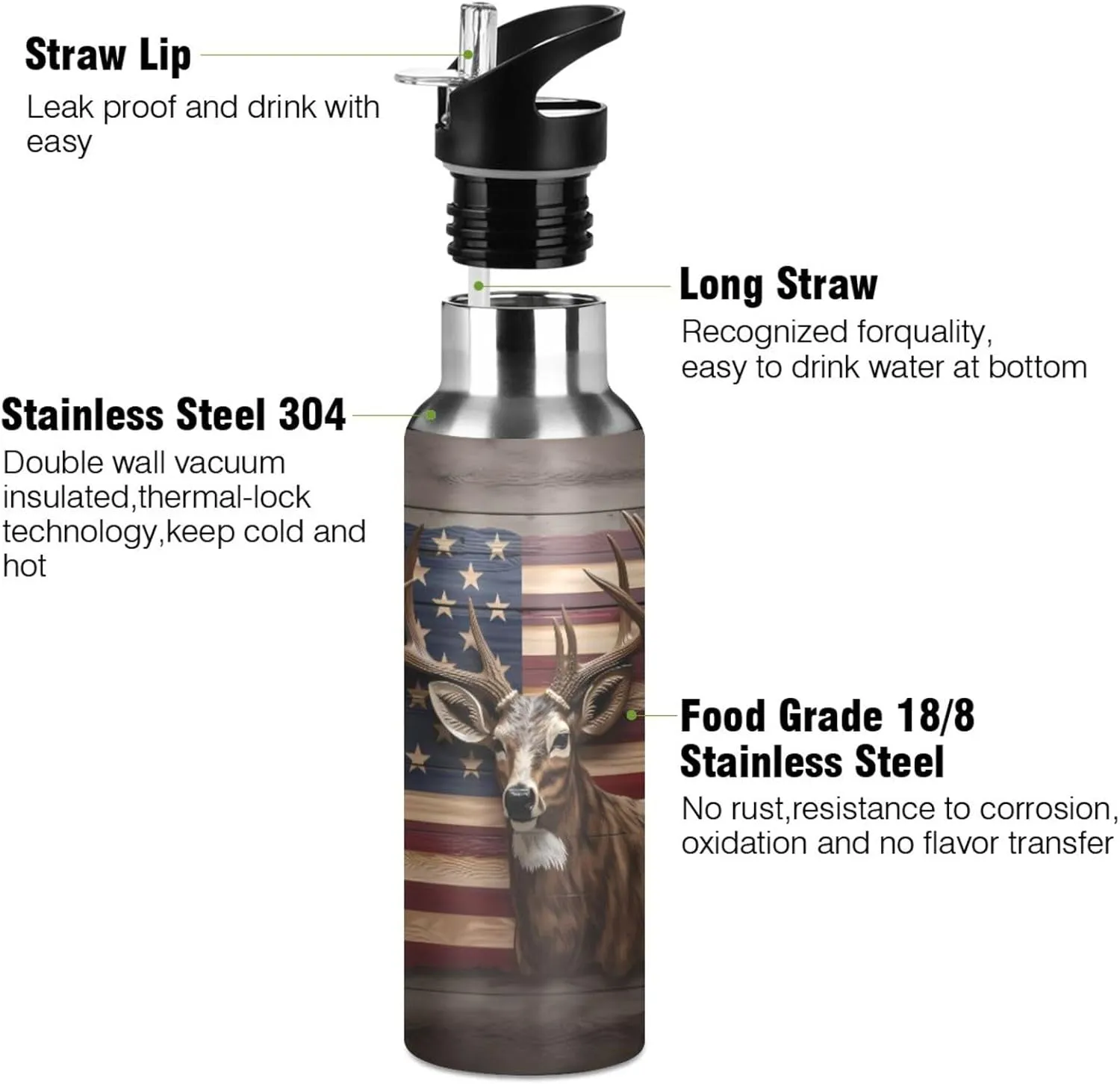 Flag Deer Stainless Steel Water Bottle for Traveling Sports Leakproof Insulated senya 20 Oz Water Bottle with Straw strain shorebird emphasis osprey instill Canada American 