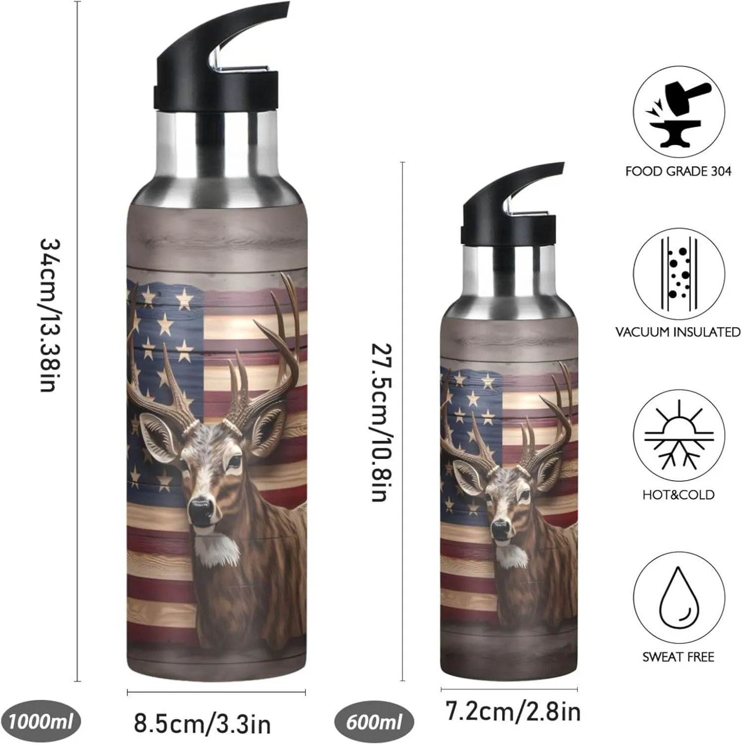 Flag Deer Stainless Steel Water Bottle for Traveling Sports Leakproof Insulated senya 20 Oz Water Bottle with Straw strain shorebird emphasis osprey instill Canada American 