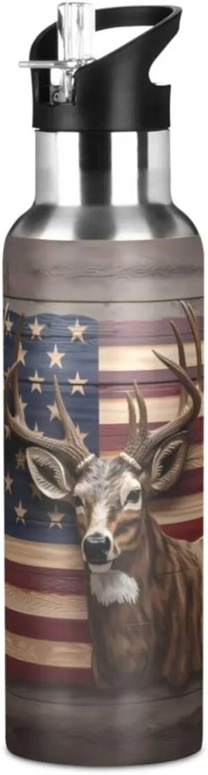 Flag Deer Stainless Steel Water Bottle for Traveling Sports Leakproof Insulated senya 20 Oz Water Bottle with Straw strain shorebird emphasis osprey instill Canada American 