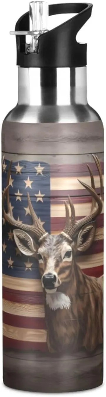 Flag Deer Stainless Steel Water Bottle for Traveling Sports Leakproof Insulated senya 20 Oz Water Bottle with Straw strain shorebird emphasis osprey instill Canada American 
