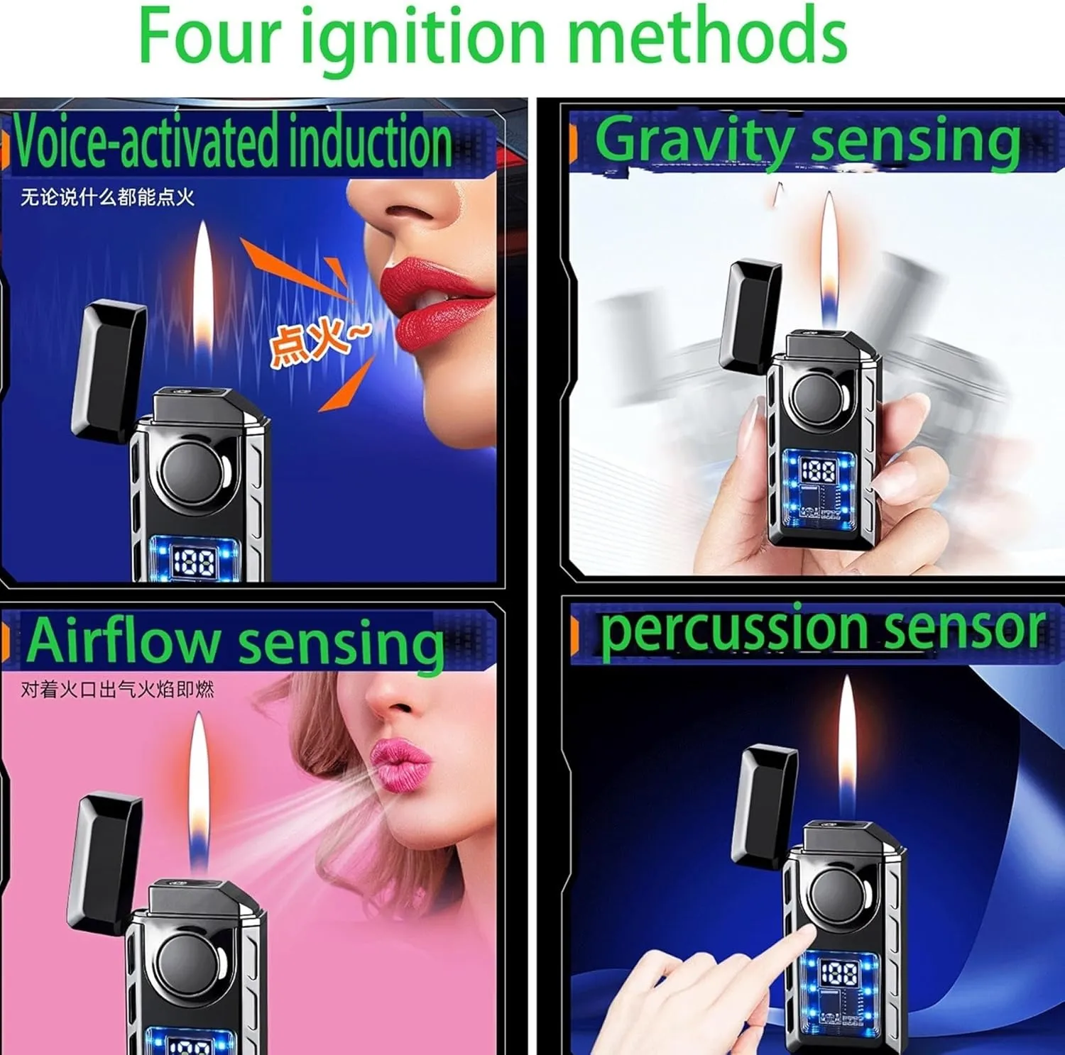 Flame, Windproof, Butane Refillable, Zinc Alloy, Portable, portrait break honest melodrama ingot Black Smart Voice-Activated Lighter, Dual 