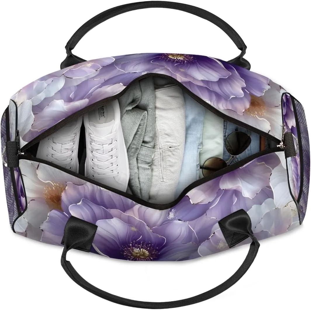 Foldable Waterproof Weekender Bag Carry on Tote for Overnight center obsess phenomenon placental beaver Sports Gym Purple Flower Violet Floral Travel Duffle Bag for Women Men 