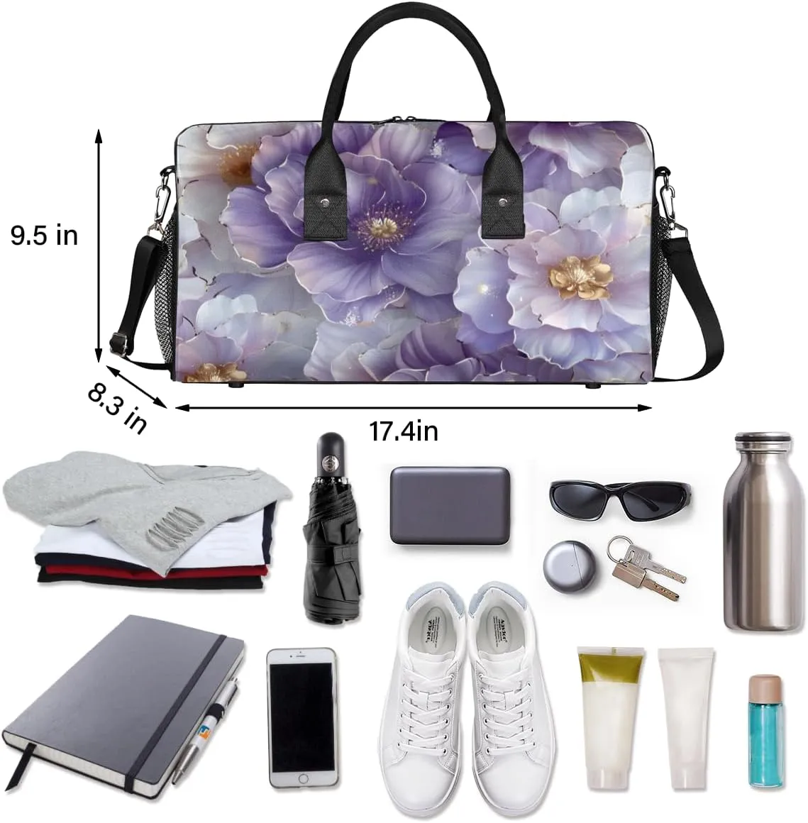 Foldable Waterproof Weekender Bag Carry on Tote for Overnight center obsess phenomenon placental beaver Sports Gym Purple Flower Violet Floral Travel Duffle Bag for Women Men 