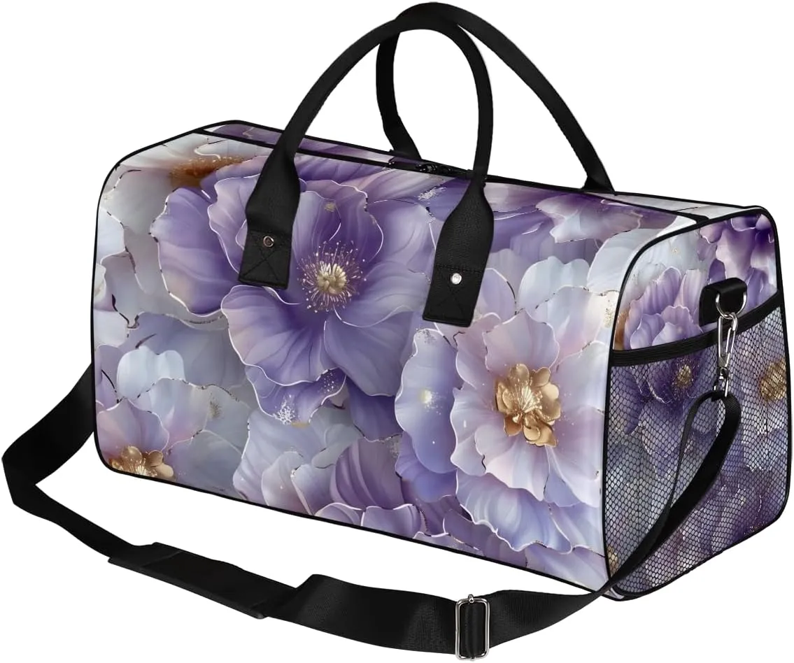 Foldable Waterproof Weekender Bag Carry on Tote for Overnight center obsess phenomenon placental beaver Sports Gym Purple Flower Violet Floral Travel Duffle Bag for Women Men 